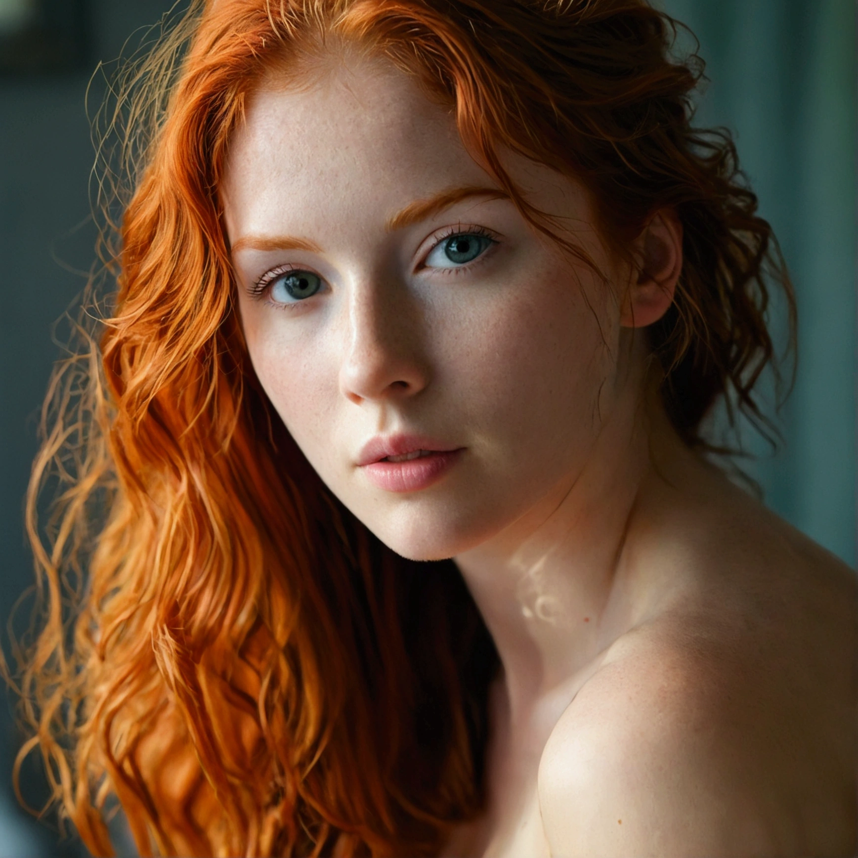 1girl in, 19, Solo, Aesthetic artwork, irish redhead, wavy ginger hair, shoulder length ginger hair, gray eyes, light grey eyes, some small freckles, pale skin, A-cup, small breasts, rough skin,runners body, (textured skin, skin pores:1.1), (moles:0.8), imperfect skin, goosebumps, in sauna weating, spa, provocative, (extremely detailed 8k wallpaper) ,soft lighting, high quality, film grain, Fujifilm XT3 sharp focus, f 5.6, 24mm, High Detail, Sharp focus,(natural light), naked, undressed , crazy details, complex details, hyperdetailed,