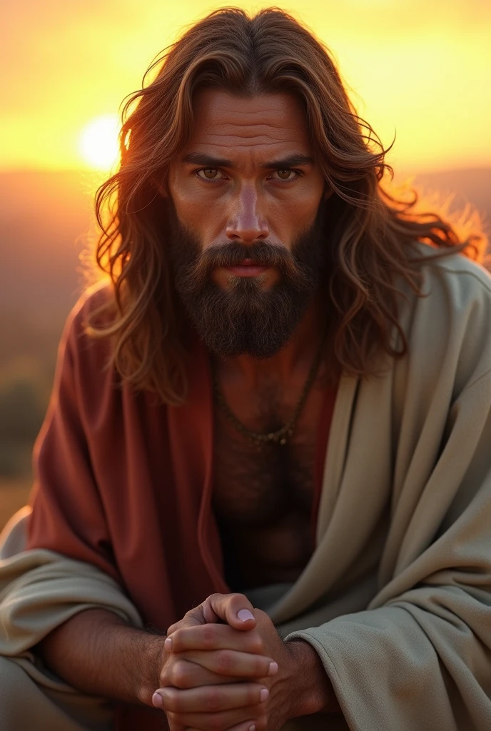 JesusChrist, kneeling praying, mascle, bearded, long hair, chestnut hair, eyes browns, centered Face, sunset, portraite, Face, comely, perfect composition, comely detailed intricate insanely detailed octane rendering trend in art season, 8k fine art photography, photorrealistic concept art, Soft natural volumetric perfect light, Bright dark, rewarded photography, work of art