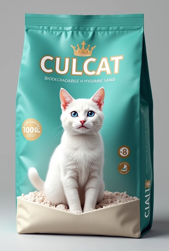create a 4kg plastic bag for cat litter. It has to have turquoise colors , gold and white letters, a realistic photo of a white cat with blue eyes sitting in a box with white sand with a charming look and a king's crown. It must have the name Culcat on the side of the package and must have the phrase, " Biodegradable Hygenic Sand"