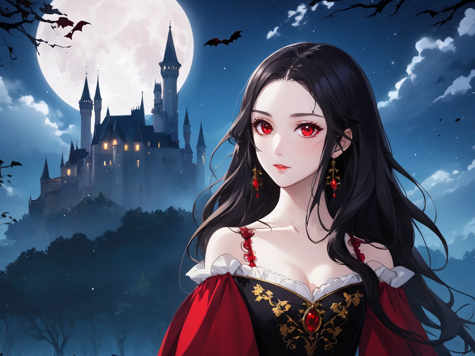 a young anime woman vampire with wavy ebony hair of medium-length partially tied back to keep it out of her way, red eyes. wearing renaissance elegant red and black dress with gold detals and with long, open shoulder sleeves. a night time full of stars and full moon a dark gothic castle silhouette surrounded by a forest far in the distance (masterpiece), best quality, expressive eyes, perfect face