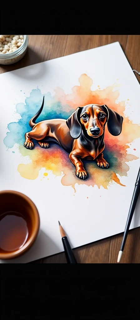 Colorful watercolor painting of a dachshund dog