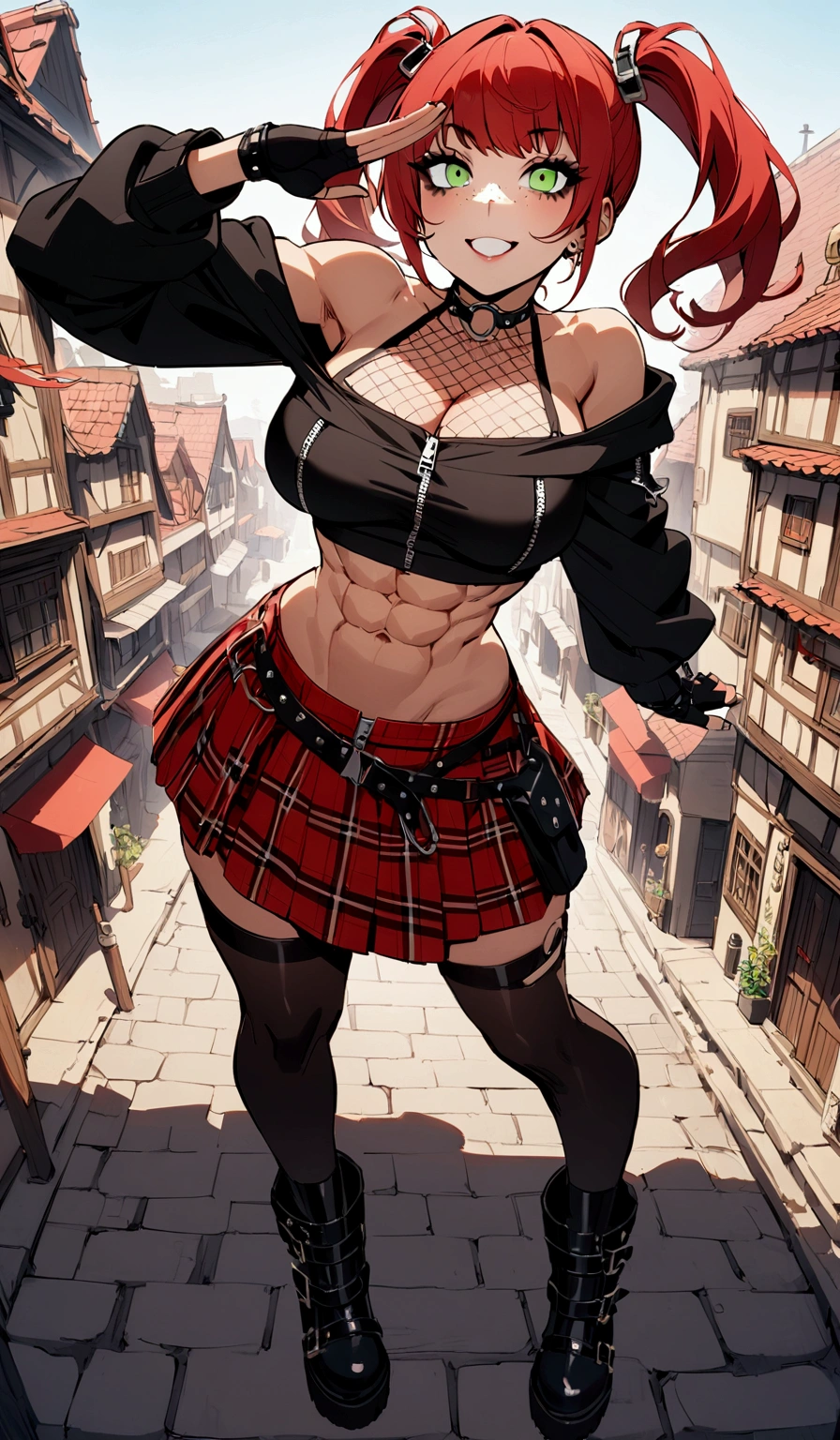 woman, grin, curly red hair in pig tails, green eyes, black eyeshadow, wearing crop top black shirt, black oversized zip up hoodie, red plaid skirt, black knee high boots, black fingerless gloves, exposed shoulders, large breasts, freckles, abs, cleavage, looking up at viewer, masterpiece, best quality, Holo-Punk Style, saluting, china town, make up, eyelashes, fish net undershirt, fish net stockings, (full body)