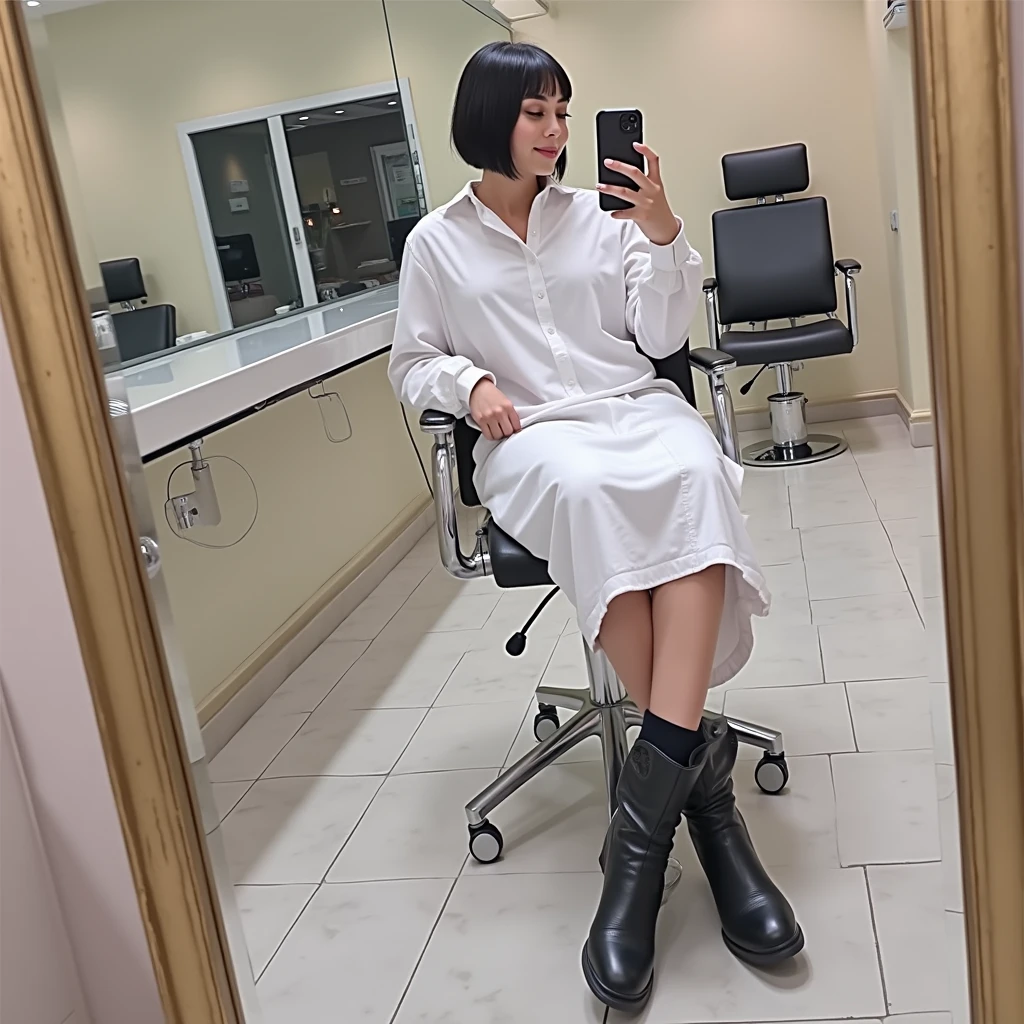 RAW photo, best quality, masterpiece, photorealistic, Polish girl, 20 years old, black hair, Light grey eyes, short bob cut, hair in 7 thirds, hair over one ear, Symmetrical eyes, Detailed Skin, Detailed face, Detailed hands, Big Breasts, rip gloss, She is getting a haircut in a stylish beauty salon, taking a selfie in the mirror, full body, iPhone 15, staring at smartphone, smiling