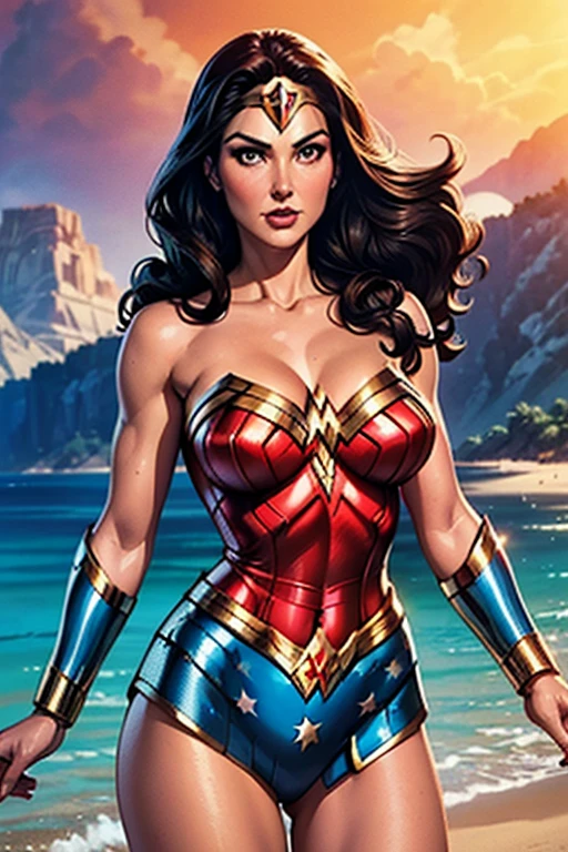 A beautiful and sexy Lynda Carter as Wonder Woman in her iconic 1970s costume, standing in a paradise island, detailed portrait, highly detailed face, penetrating eyes, detailed costume, elaborate accessories, dramatic lighting, cinematic, epic, colorful, vivid colors, dramatic composition, masterpiece, ultra-detailed, 8k, photorealistic
