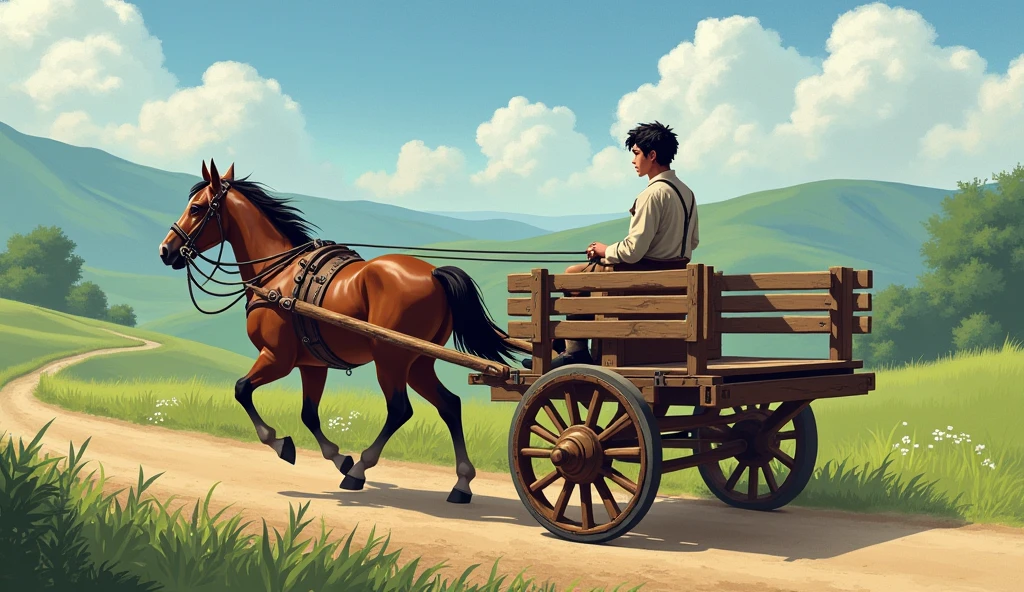 Young man on a horse-drawn cart