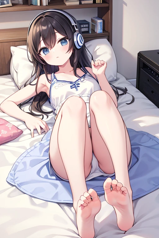 Lying on the floor in the room、Picture a person listening to music with their feet up on the bed。 One person,
