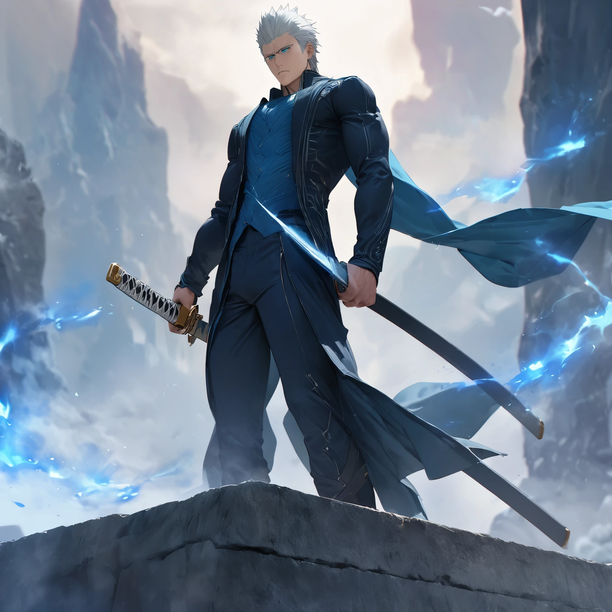 Vergil_sparta, Devil_may_cry, white hair, holding a katana, blue aura, blue power, blue energy, standing posture, katana without sheath, serious face, wearing a long blue jacket, oil blue pants, blue eyes, muscular body, perfect eyes, perfect face, on a concrete platform, on a high point of a mountain. , masterpiece, accurate, anatomically correct, textured skin, super detail, high quality, best quality, 8k, high resolution, bokeh effect, close view.
