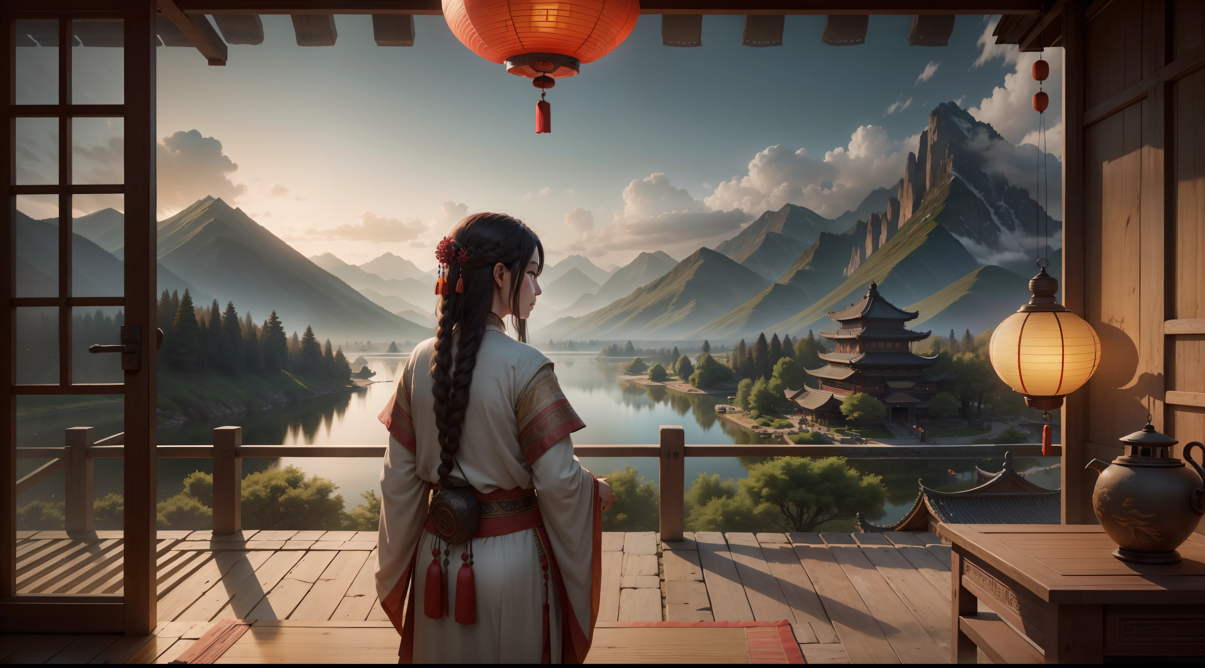mountains in the distance，There is a lake nearby.，Old man and woman in the pavilion，There are many ancient Chinese villages nearby.，There are a lot of lanterns hanging.，The dim lighting was very warm.，Ultra high definition 8K photos