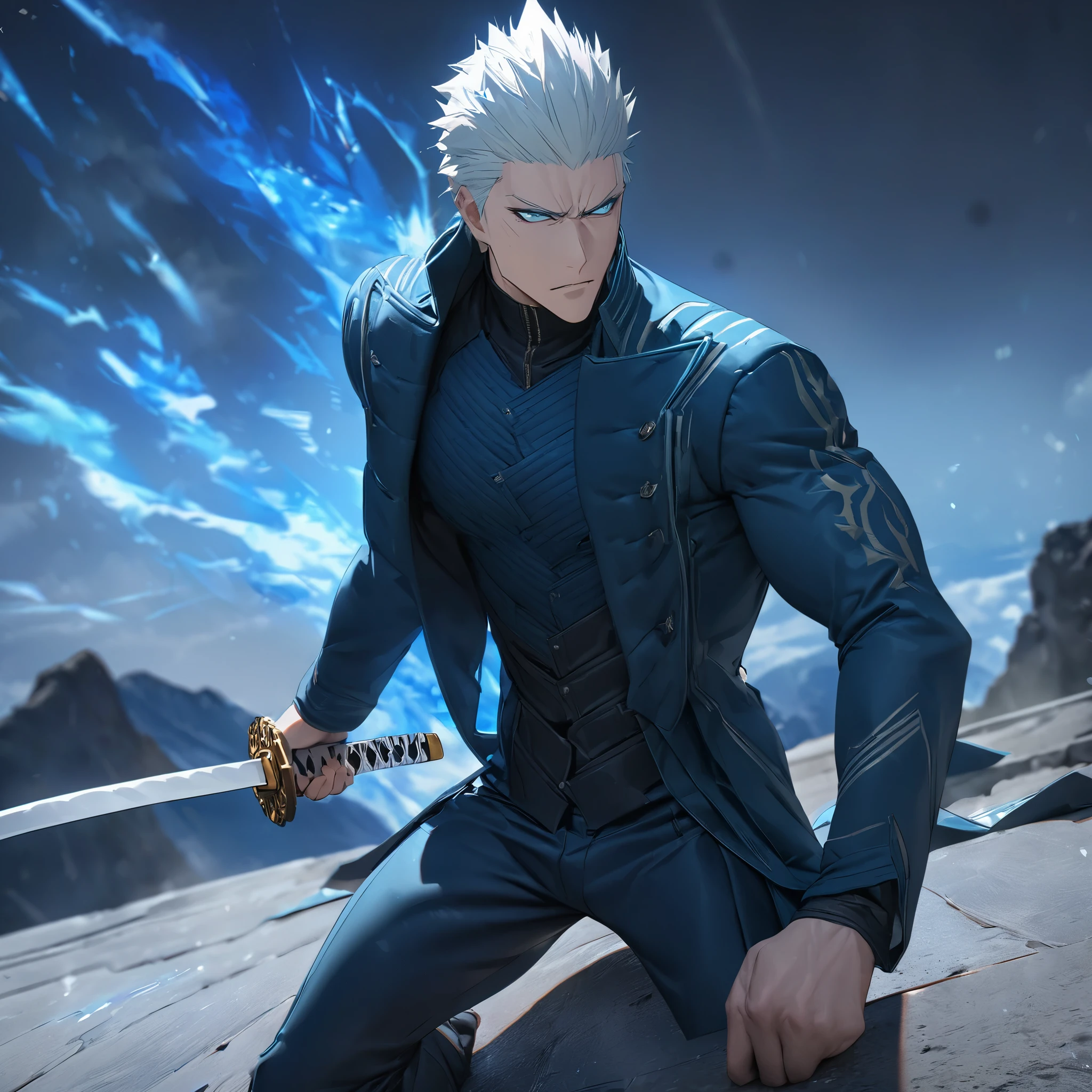 Vergil_sparta, Devil_may_cry, white hair, holding a katana, blue aura, blue power, blue energy, standing posture, katana without sheath, serious face, wearing a long blue jacket, oil blue pants, blue eyes, muscular body, perfect eyes, perfect face, on a concrete platform, on a high point of a mountain. , masterpiece, accurate, anatomically correct, textured skin, super detail, high quality, best quality, 8k, high resolution, bokeh effect, close view.
