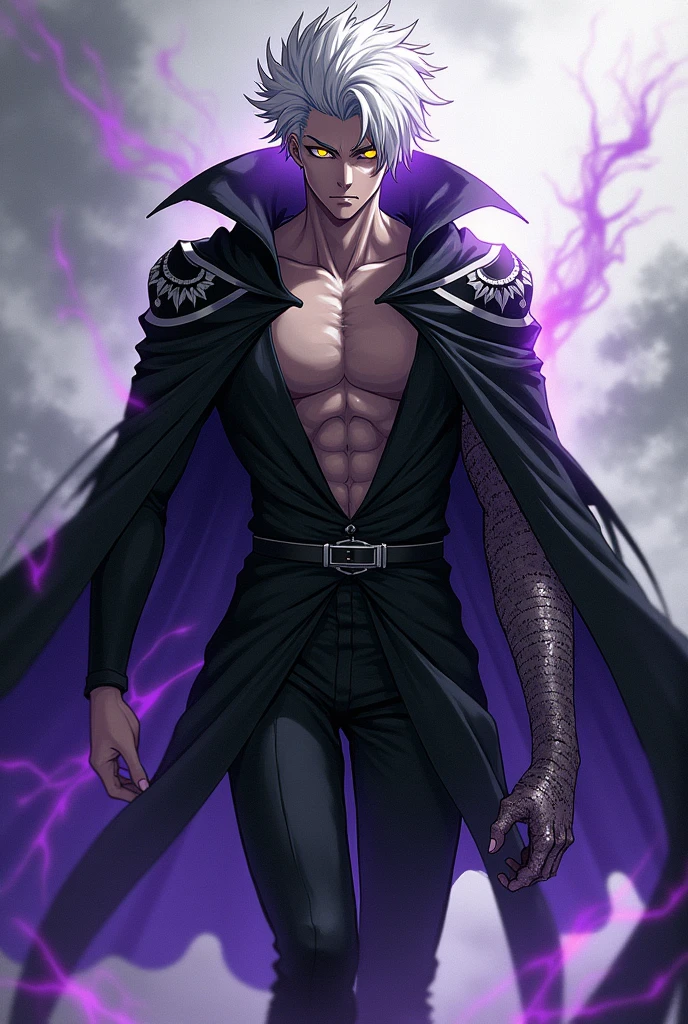 I want you to create a character that has gravity abilities and is a necromancer and has yellow eyes and white hair and a half draconic arm and has a spider cloak, the cloak is black and white, and I want you to make it a male anime version, now make this character using the 2 skills, he sadistic, right arm is dragon and the left is human, make him with a purple aura, black and white cloak 