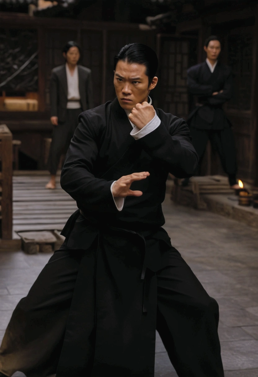 There is a man in a black suit doing a karate pose, in an action pose, cena do filme live-action, inspired by Liao Chi-chun, inspired by Ma Quan, still from a live action film, neo from matrix, in a posture of fight, pan ren wei, dynamic action photo, posture of fight