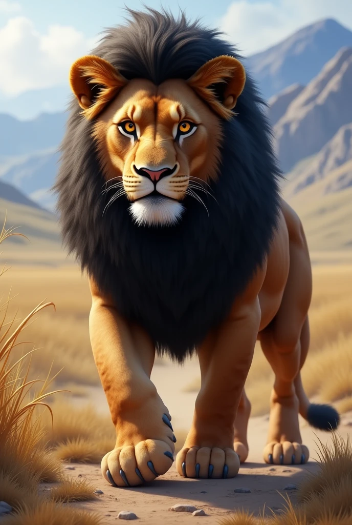 a brown adolescent lion with a black mane