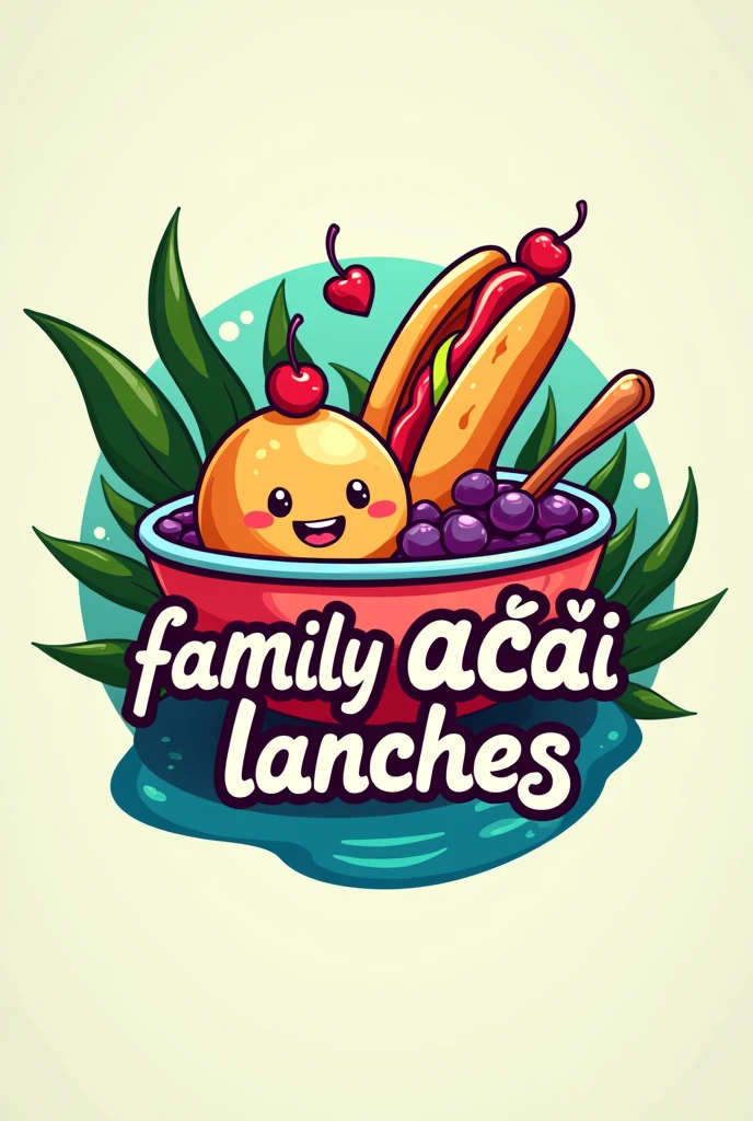 Create a logo for a snack bar, with a picture of a hot dog and açaí in the background, highlighting the phrase Family Açai Lanches