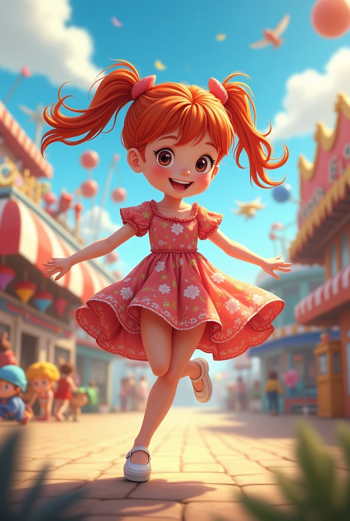 A red-haired pigtail girl playing at the amusement park in a flower-print dress and white ballet flats