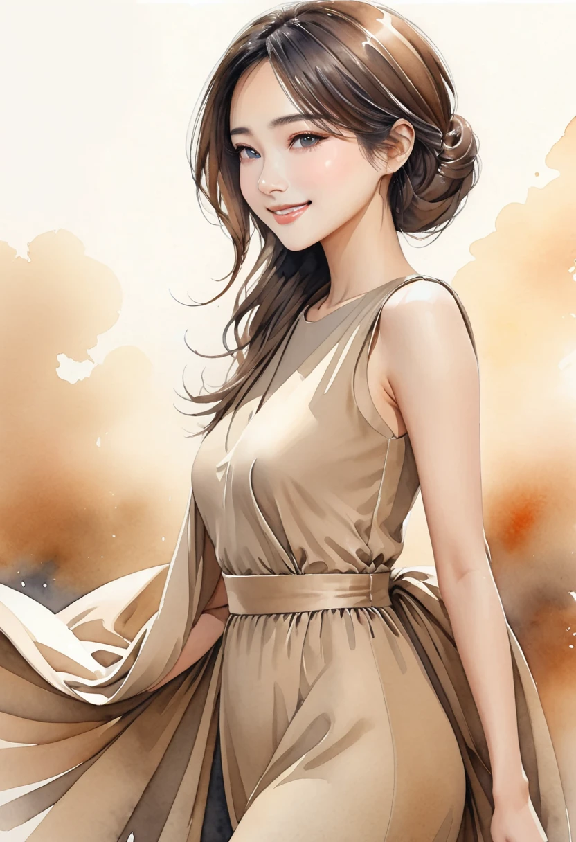 8K,Masterpiece,Top Quality,Dynamic Pose,Beautiful Woman with Long Hair,Smile: 1.6,Japanese Beauty,Create an image of a sleeveless dress with a classic and sophisticated silhouette. The dress features an asymmetrical design with draping that extends diagonally from the left shoulder to the right side, adding a sense of depth and elegance. The fit is tight from the waist down, following the contours of the body, and the length of the dress reaches just below the knees, making it a midi dress. The color of the dress is a muted beige, which enhances its understated yet refined appearance. The dress is plain without any patterns, with the drape and fitted silhouette being the main highlights,((Watercolor))