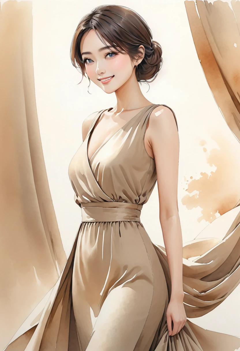 8K,Masterpiece,Top Quality,Dynamic Pose,Beautiful Woman with Long Hair,Smile: 1.6,Japanese Beauty,Create an image of a sleeveless dress with a classic and sophisticated silhouette. The dress features an asymmetrical design with draping that extends diagonally from the left shoulder to the right side, adding a sense of depth and elegance. The fit is tight from the waist down, following the contours of the body, and the length of the dress reaches just below the knees, making it a midi dress. The color of the dress is a muted beige, which enhances its understated yet refined appearance. The dress is plain without any patterns, with the drape and fitted silhouette being the main highlights,((Watercolor))