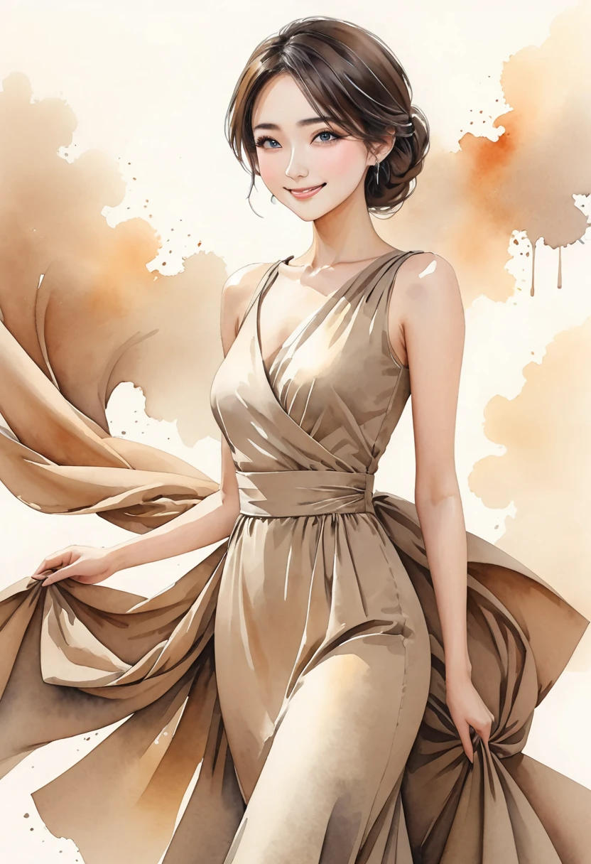 8K,Masterpiece,Top Quality,Dynamic Pose,Beautiful Woman with Long Hair,Smile: 1.6,Japanese Beauty,Create an image of a sleeveless dress with a classic and sophisticated silhouette. The dress features an asymmetrical design with draping that extends diagonally from the left shoulder to the right side, adding a sense of depth and elegance. The fit is tight from the waist down, following the contours of the body, and the length of the dress reaches just below the knees, making it a midi dress. The color of the dress is a muted beige, which enhances its understated yet refined appearance. The dress is plain without any patterns, with the drape and fitted silhouette being the main highlights,((Watercolor))