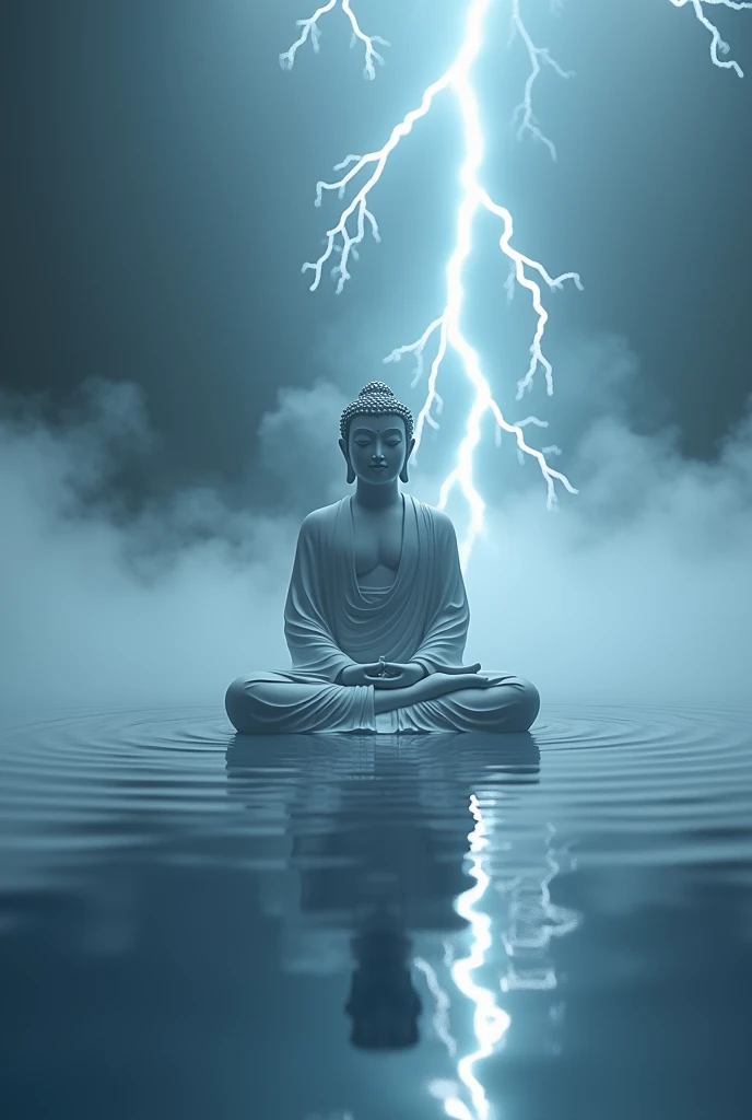 Picture of Lord Buddha with Water Pattern. Mist Floating on the Water. 3D 4K Image Resolution, Realistic. And there is lightning falling in the middle of the water.
