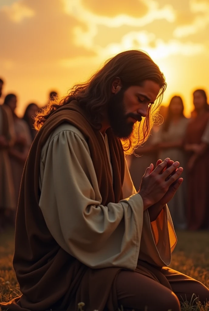 jesus christ kneeling praying and a crowd around, male, bearded, long hair, brown hair, brown eyes, centered face, sunset, portrait, face, gorgeous, perfect composition, gorgeous detailed intricate insanely detailed octane rendering trend in art season, fine art photography 8k, photorealistic concept art, soft natural volumetric perfect light, chiaroscuro, award-winning photography, artwork