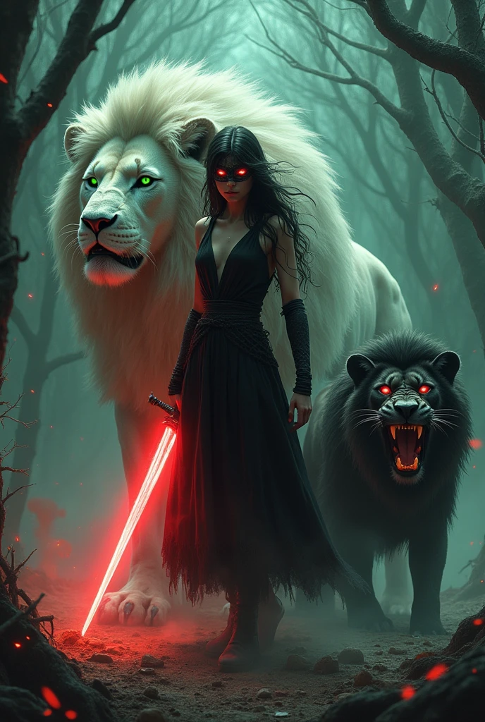  beautiful taller girl eye glowing red   aura cute face black mask  take sword glowing red aura white  wavy long  bohemi hair warrior black dress biggest white lion glowing green eyes horror background in forest big black lion roar when attack monster front side attack lion skin glowing     
   