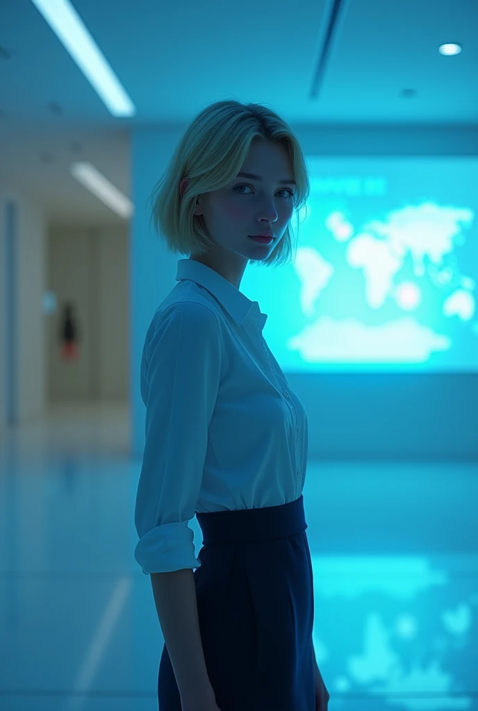 (photorealism:1.2), beautiful woman, swedish, blonde,sad, pensive, assistant, pencil skirt, 18yo, corporate lobby, white floor and ceiling, blue lighting, hologram, projection,looking at camera, short hair, glowing blue line around her face