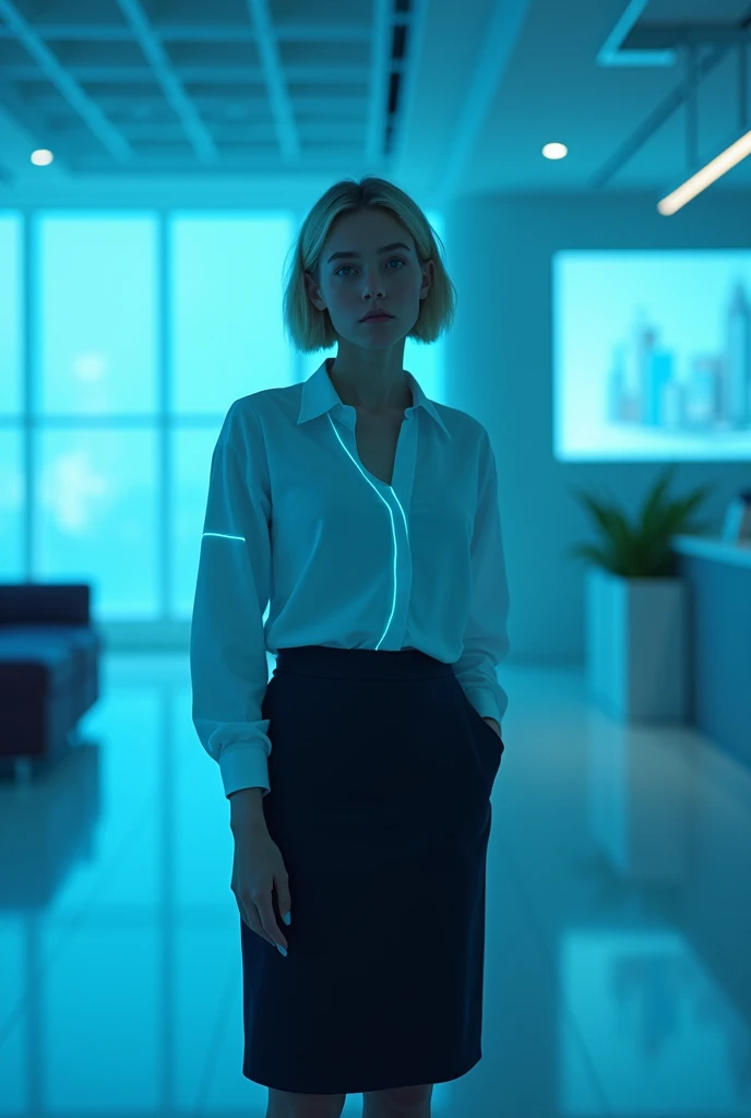 (photorealism:1.2), beautiful woman, swedish, blonde,sad, pensive, assistant, pencil skirt, 18yo, corporate lobby, white floor and ceiling, blue lighting, hologram, projection,looking at camera, short hair, glowing blue line around her face