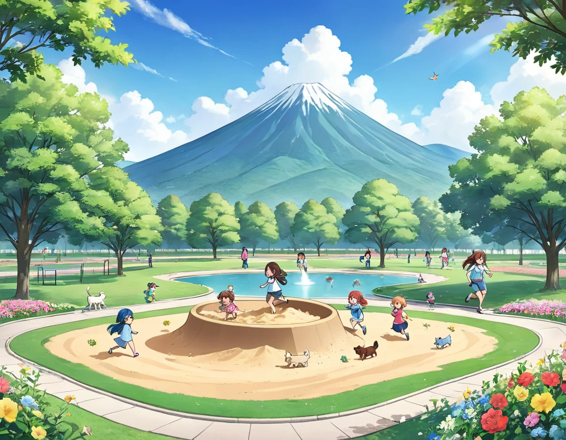 Light blue long hair、Twin-tailed Chibi Character、A park full of flowers、Parents and children are playing in the sandbox, making a huge mountain、Happy smile、Sand pile、The dogs are running around too、Lush green park