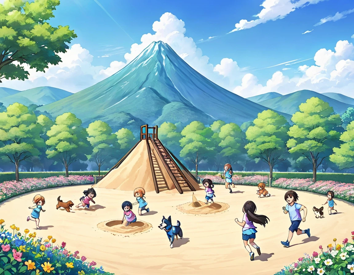 Light blue long hair、Twin-tailed Chibi Character、A park full of flowers、Parents and children are playing in the sandbox, making a huge mountain、Happy smile、Sand pile、The dogs are running around too、Lush green park