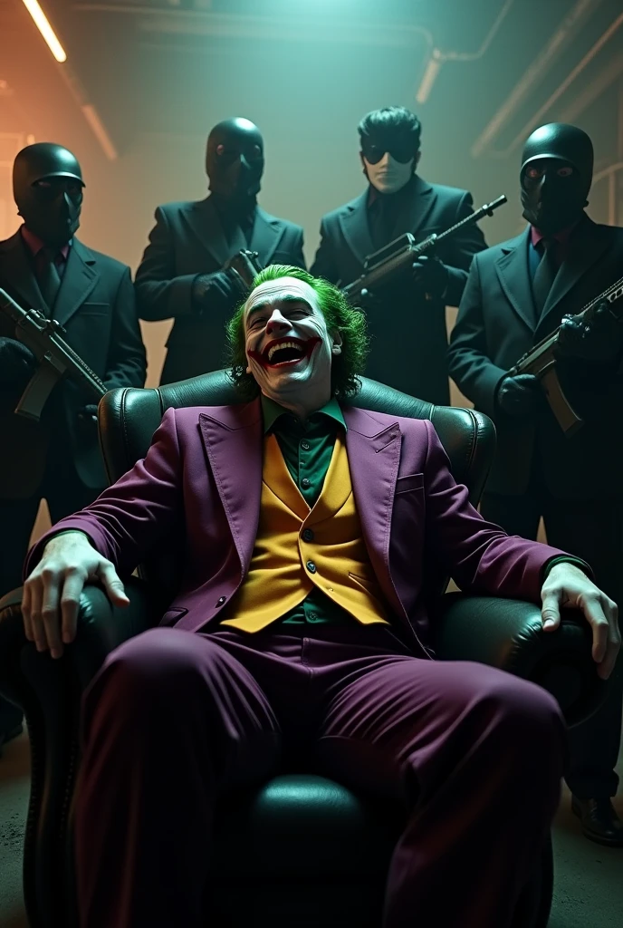 the joker sitting on a stool in the background in a dark atmosphere, on his face facial features of the actor Heath Ledger, focusing on his intense gaze with penetrating brown eyes, prominent pale and thin cheekbones, with a macabre smile, as if planning his next movement, the general setting is dark and threatening, with subtle touches of gradient shadows on the face, enhancing the sinister atmosphere.
