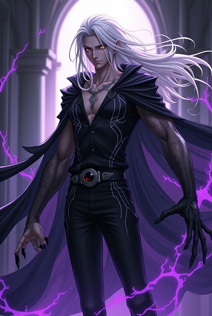 I want you to create a character that has gravity abilities and is a necromancer and has yellow eyes and white hair and a half draconic arm and has a spider cloak, the cloak is black and white, and I want you to make it a male anime version, now make this character using the 2 skills, he sadistic, right arm is dragon and the left is human, make him with a purple aura