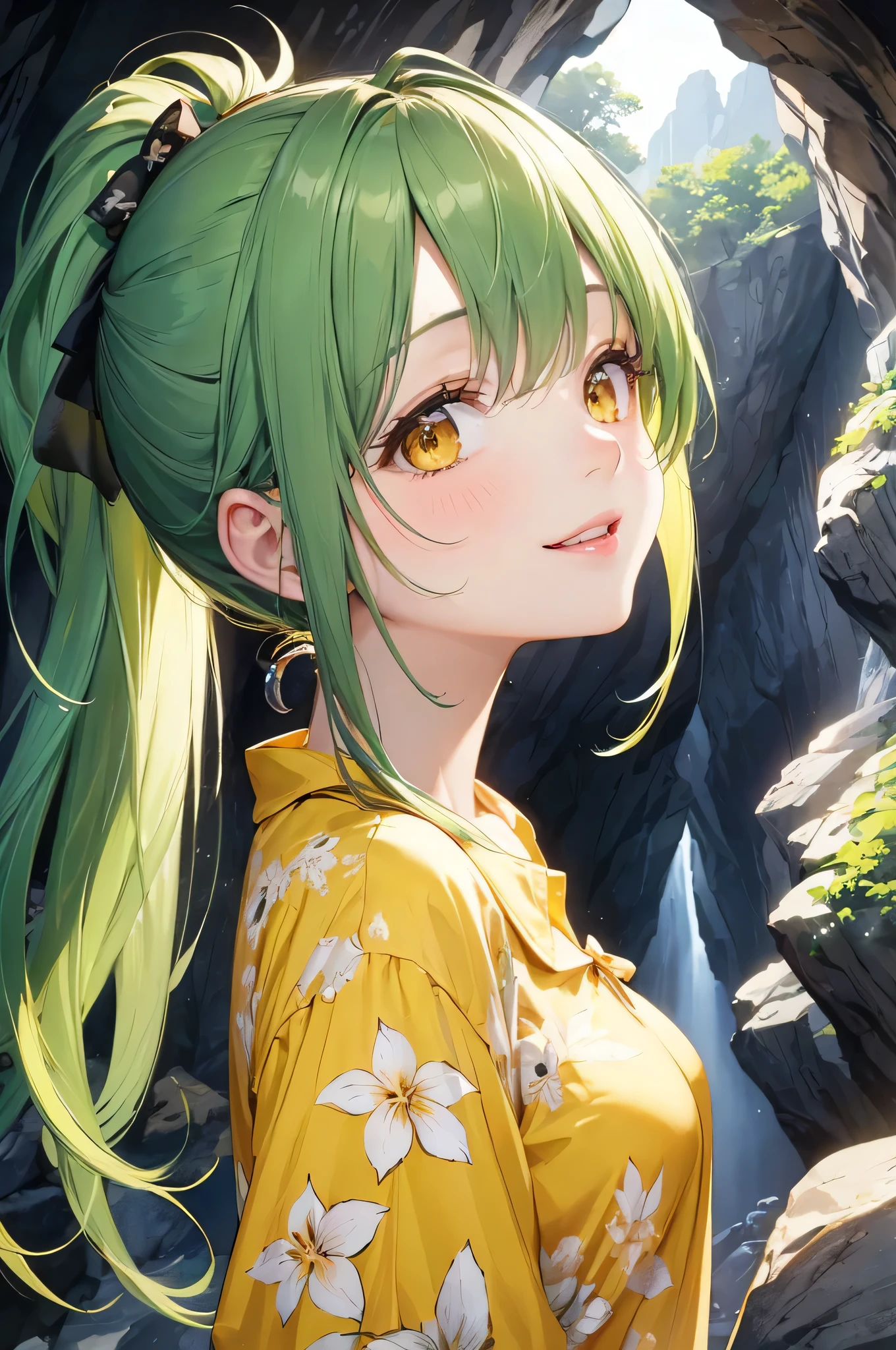 profile, (sightseeing style), (looking up, solo:2, 15 yo), (beautiful ponytail) (glossy beautiful green hair long hair) (beautiful cute girl), (glossy lip, happy smile, best beauty yellow eyes), (medium tits), in a casual yellow tropical blouse, short pants, break, deep in the darkness Limestone cave of Gyokusendo cave, BREAK, perfect anatomy, masterpiece, best quality, 16k, beautiful detailed Dim, daydreaming expression.