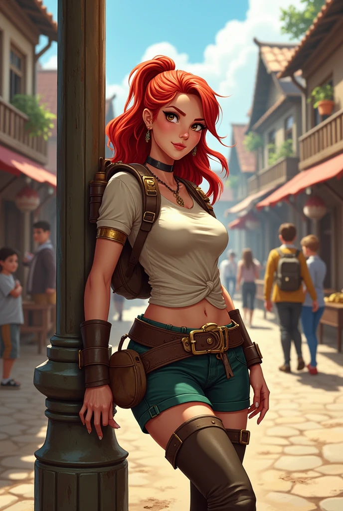 A League of Heroes style illustration of red hair with blonde highlights in a half-up hairstyle, with brown eyes and a strong, confident look, somewhat arrogant, adventurer's clothes and a bag of gold in her hands, leans against a wooden post in the middle of a busy street in the village