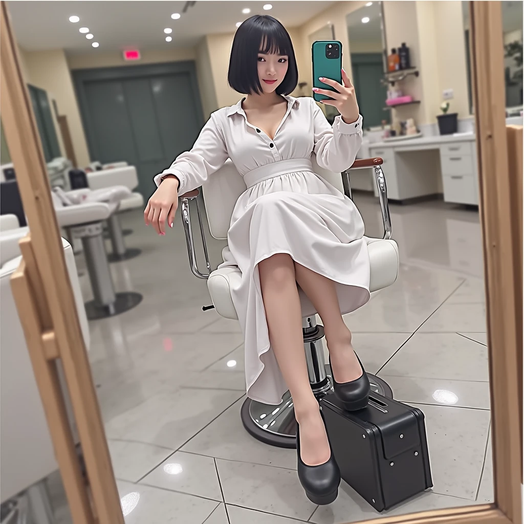 RAW photo, best quality, masterpiece, ((photorealistic)), Polish girl, 20 years old, black hair, Light grey eyes, short bob cut, hair in 7 thirds, hair over one ear, Symmetrical eyes, Detailed Skin, Detailed face, Detailed hands, Big Breasts, rip gloss, She is getting a haircut in a stylish beauty salon, taking a selfie in the mirror, full body, iPhone 15, staring at smartphone, smiling