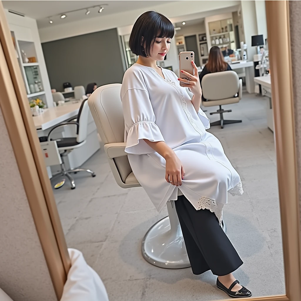 RAW photo, best quality, masterpiece, ((photorealistic)), Polish girl, 20 years old, black hair, Light grey eyes, short bob cut, hair in 7 thirds, hair over one ear, Symmetrical eyes, Detailed Skin, Detailed face, Detailed hands, Big Breasts, rip gloss, She is getting a haircut in a stylish beauty salon, taking a selfie in the mirror, full body, iPhone 15, staring at smartphone, smiling