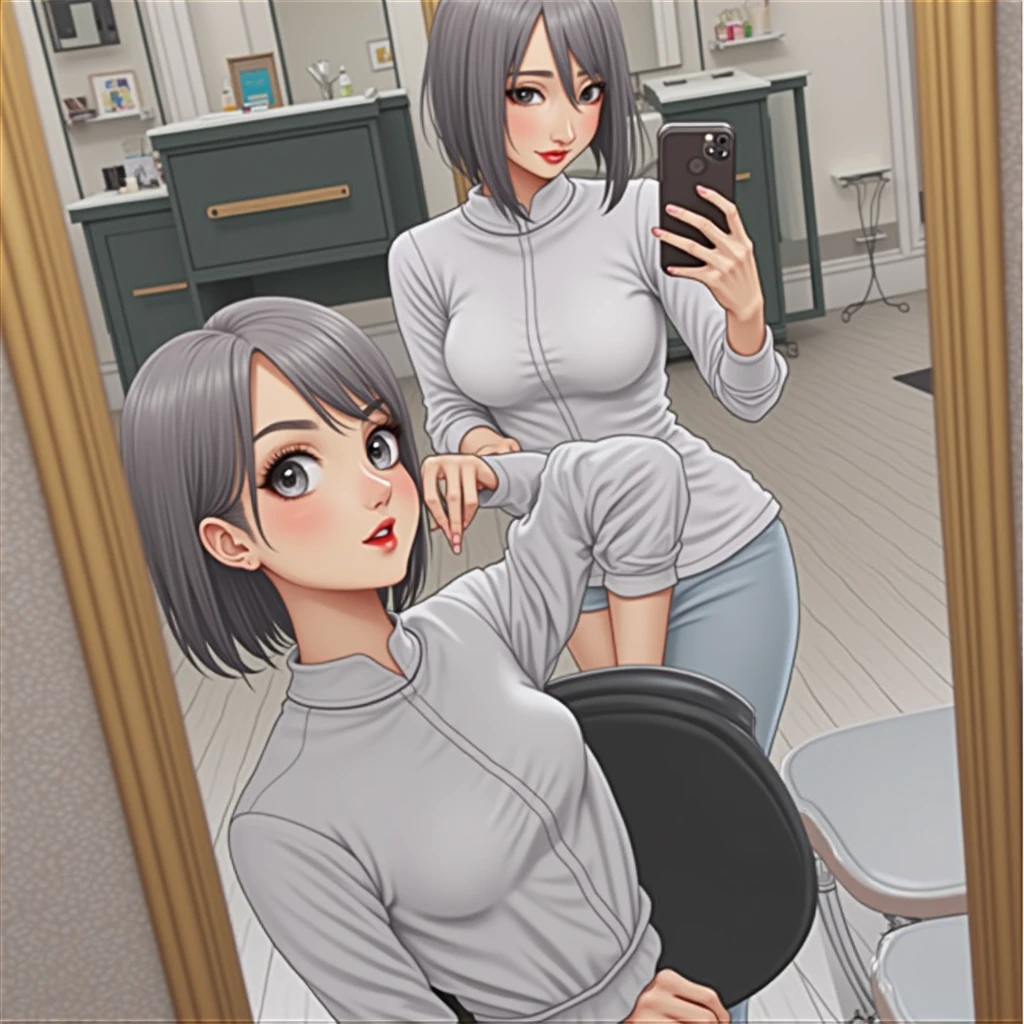 RAW photo, best quality, masterpiece, ((photorealistic)), Polish girl, 20 years old, black hair, Light grey eyes, short bob cut, hair in 7 thirds, hair over one ear, Symmetrical eyes, Detailed Skin, Detailed face, Detailed hands, Big Breasts, rip gloss, She is getting a haircut in a stylish beauty salon, taking a selfie in the mirror, full body, iPhone 15, staring at smartphone, smiling