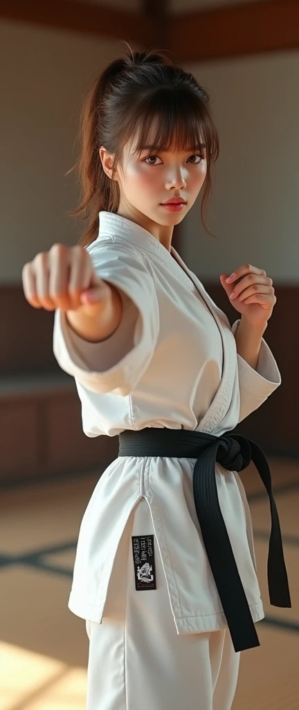 Karate pose, forefist punch , Side view , Full- body, beautiful Japanese, 18-year-old, (Light brown hair, short pony tail , Brown fringe eyes, Beautiful Lips, serious), (middle Breasts, , middle Hips) ,((Karate clothes, Karate underwear, Black obi)), (White underwear:1.3), At the Karate Dojo, Standing on tatami mat, Textured skin ,((Surrealism, Fujicolor, Fujifilm, UHD, retina, masterpiece, accurate, anatomically correct, textured skin, super detail, high details, high quality, best quality, 8k))