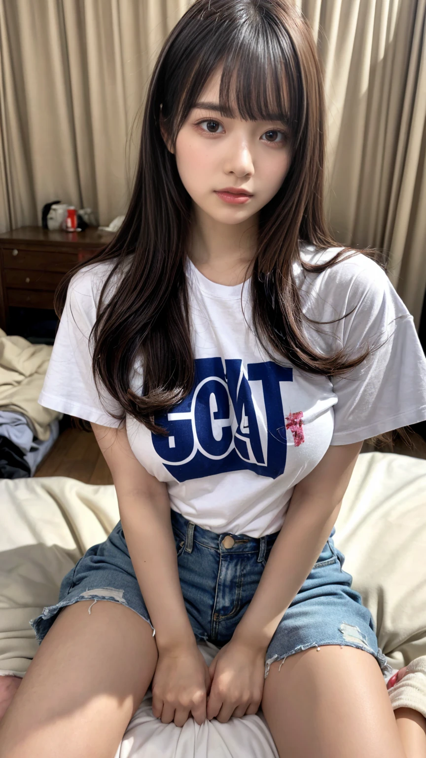 (Details High quality, realistic depiction of eyes:1.3), Tattered clothes, (The collapsed room), (Inside the barrack tent), (wearing a tattered and dirty t-shirt.:1.1), Wearing baggy pants, dirty body, (Messy long hair), black hair color, Big Natural Color Lip, crying a little、Harajuku style、20 year old girl、cute type、ta, Gravure Idol, full body photo、focus on crotch, huge breasts