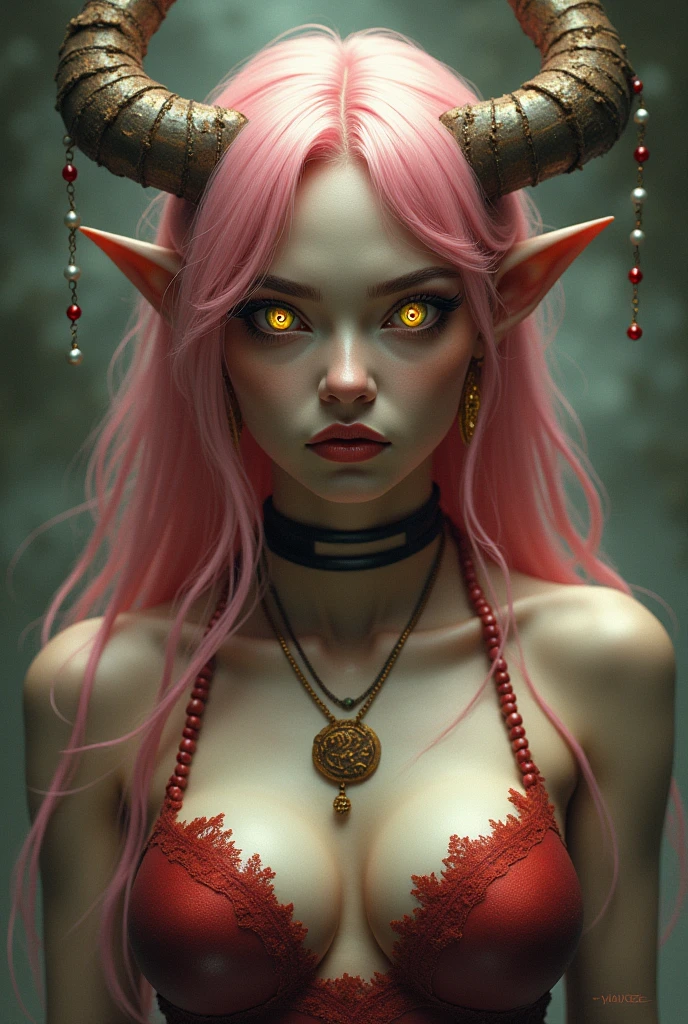 Recreates Power from Chainsaw Man but in a type of Ancient Art assimilating his horns and his beauty, Don&#39;t forget to put that demonic touch but in a woman and yellow eyes with spirals and pink hair and little red beads and little ears 