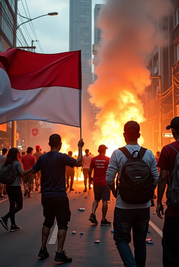 Photo of a demonstration by students and the public throwing stones at each other and lighting fires. Some of the demonstrators were carrying the Indonesian red and white flag.