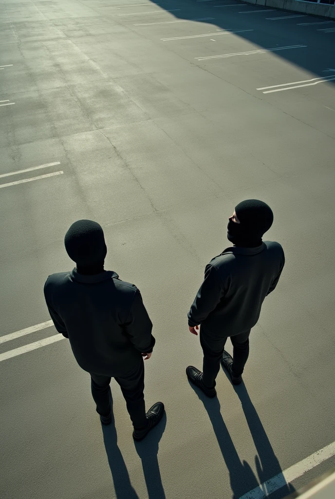 Too high shot of 2 men wearing balaclavas looking up in an empty parking lot in the afternoon