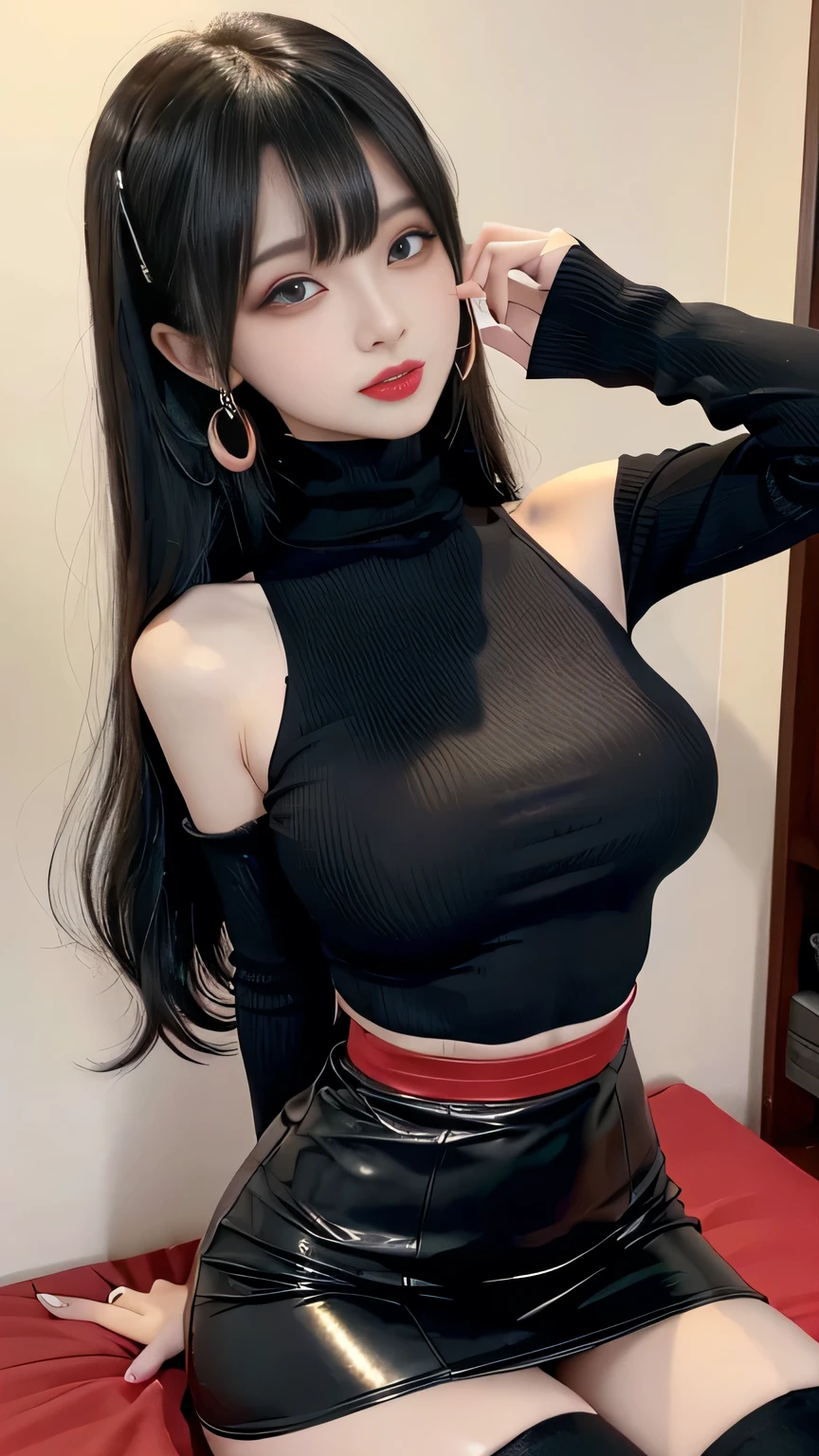 Ultra-detailed、Japanese、attractive beauty、seductive young skinny woman、pretty thin woman、piercing eyes、cool girl、long black hair, swept bangs、turtleneck sweater tucked in, high waisted skirt, black pantyhose, sexy vampire, fangs, glowing red eyes, Evil cadres、evil depravity、brainwash、mind control、apply lipstick、smirk、Evil expression、evil、empty eyes、evil、contrapposto、Hypnosis、brainwashing、makeup brush, large breasts, taut clothing, cute posture, back arching sexy, O mouth, seductive mistress, skinny thin hourglass shape, evil mistress smirk, succubus, Japanese mistress, hair highlights, evil, dominant, impossible skinny hourglass figure, beautiful Japanese idol goddess