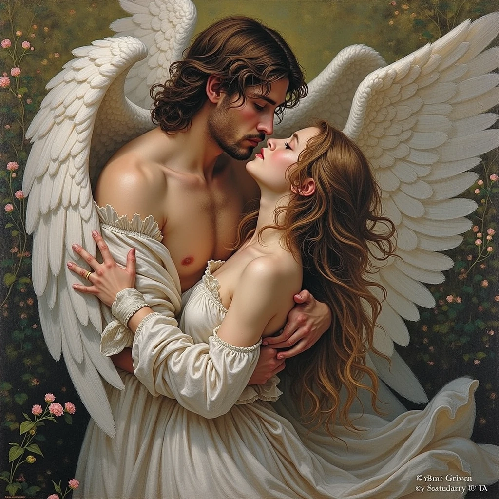 An angel man kisses a girl in a white dress, style painting of the 18th century