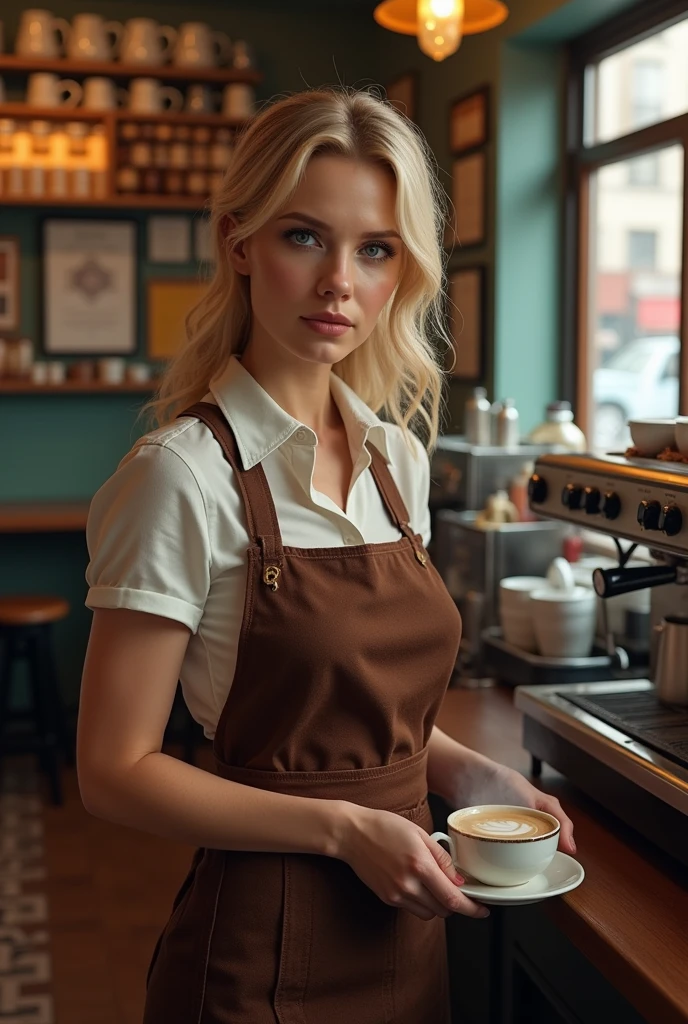 Generate realistic image of a woman with the appearance of actress Jennifer Morrison. blonde, dressed in a brown waitress uniform, in a classic New York coffee shop.