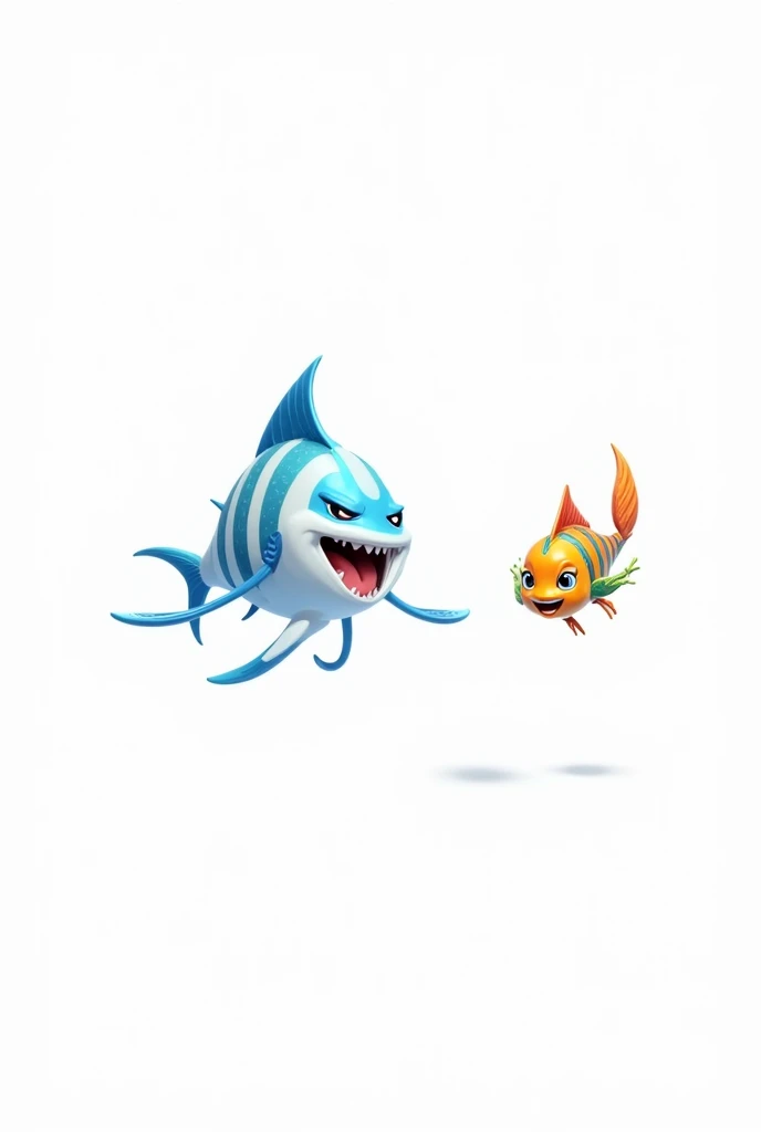 Create the image of the little fish and its friend being chased by bigger fish