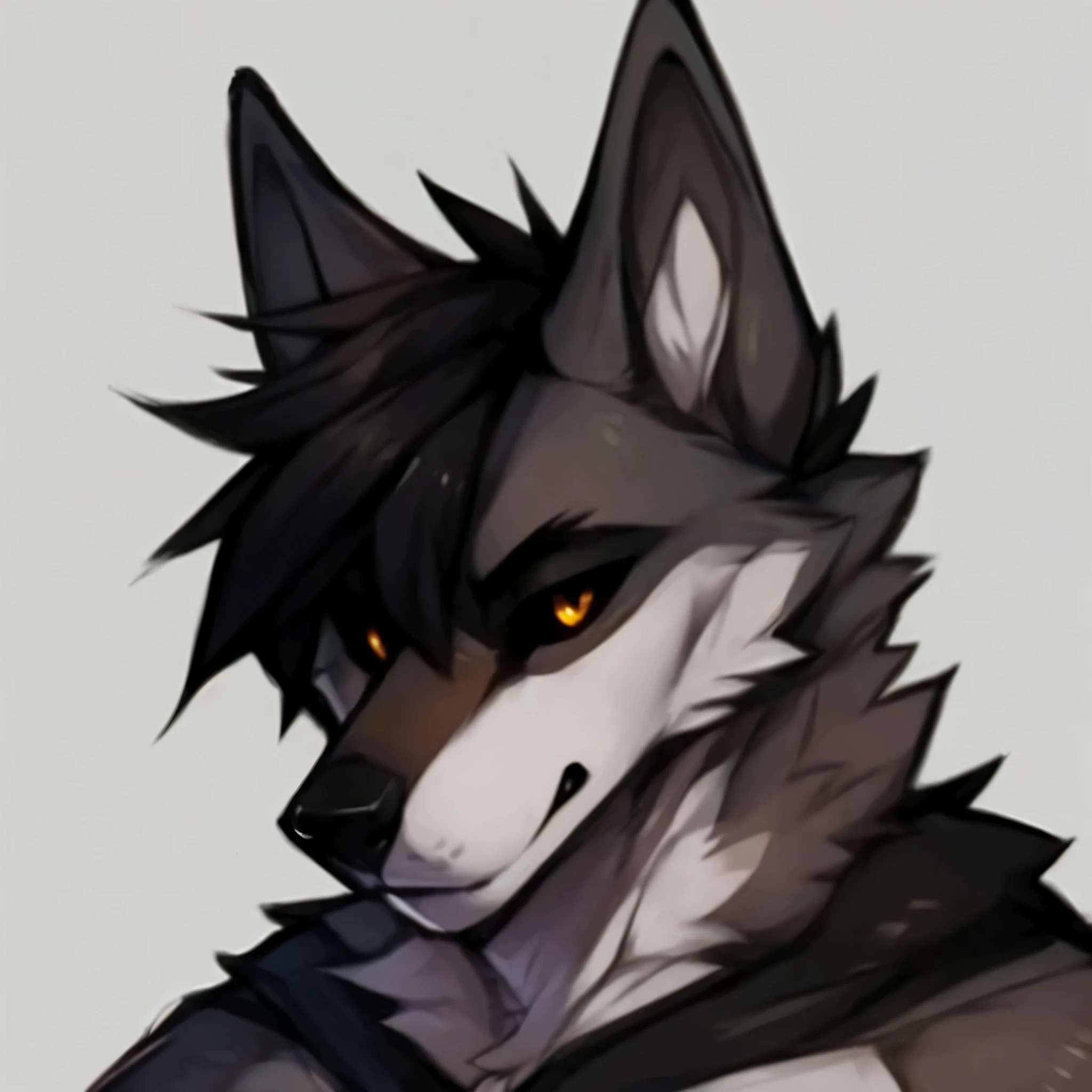 Art by Zackary, solo, wolf, male wolf, grey fur body, black sclera, sidepart hair, black hair, white chest, white abdomen, badyiffymix41