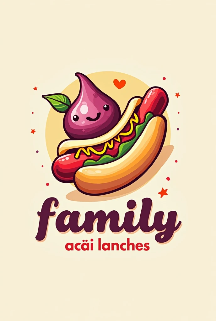 Create a logo for a snack bar, with a picture of a hot dog and an açaí in the background, highlighting the phrase Family Açai Lanches 