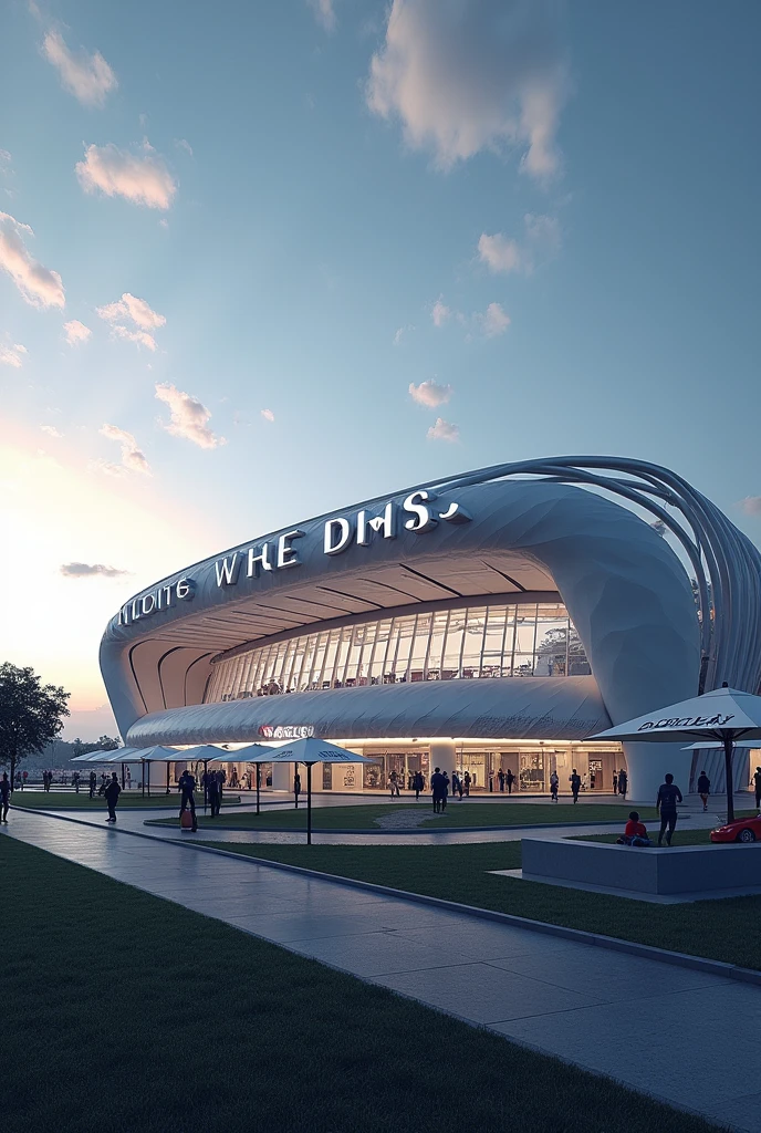 "Design a football stadium in a modern style. The stadium should prominently display the team name 'White DKS' and the phrase 'Rei dos Passes' somewhere on the exterior or interior. Ensure the stadium design is in high-definition 4K."