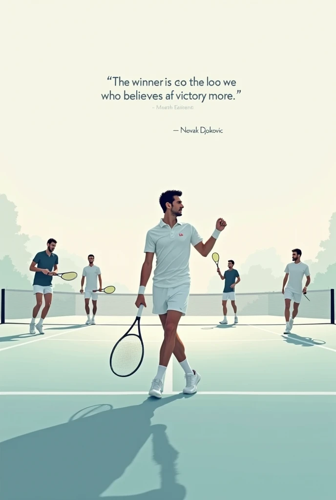 Minimalist and artistic image of Novak Djokovic alongside other prominent male tennis players, how Nadal, Sinner, Alcaraz, Rublev, Medvedev. In the background a tennis court, and soft colors. Let the players come out in full body playing a match. And put the phrase of Novak Djokovic: “The winner is the one who believes in victory more”. Let Novak star in the image.