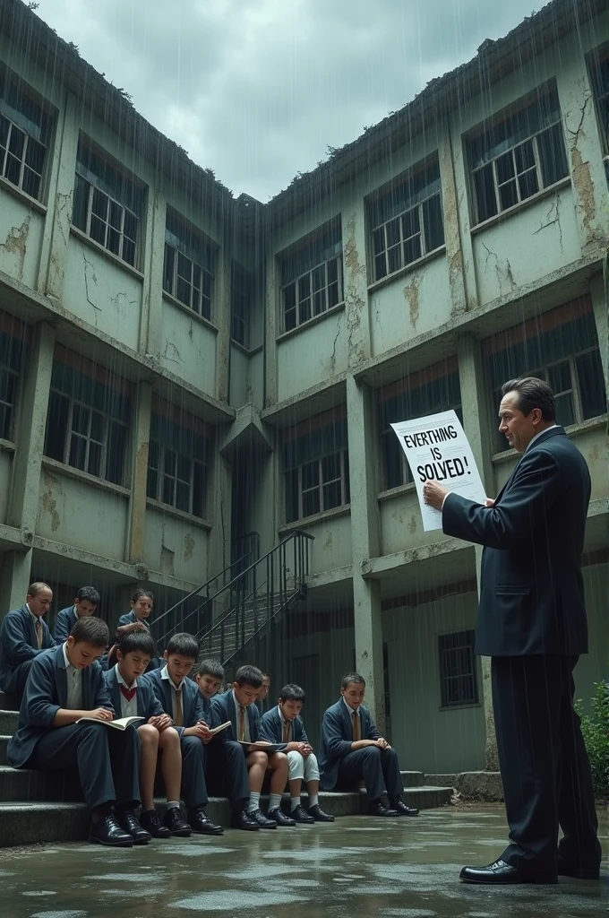 represent a ruined school building, with cracks and broken windows, while a group of students are sitting on an outdoor staircase, taking classes in the rain. beside, A bureaucrat with a big smile might be holding up a document that says that "everything is solved", ignoring the obvious reality