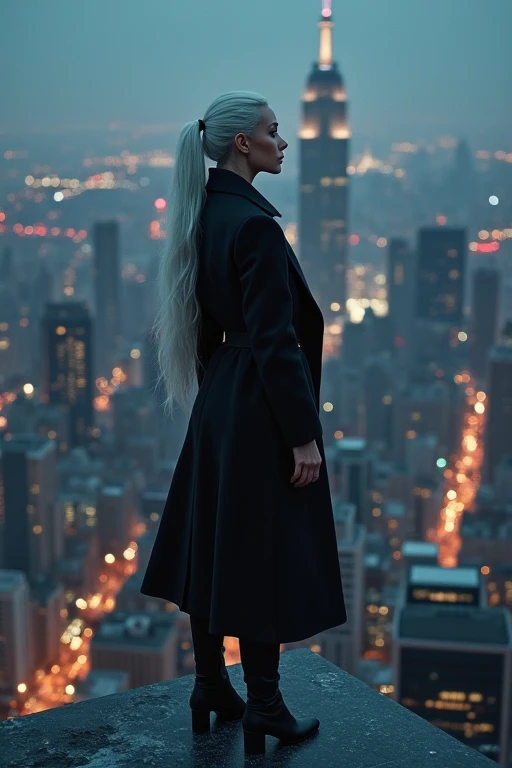 Highest quality，midnight，Developed metropolis，On top of a building，Because of white hair、Very long ponytail，Wearing a black jacket、She is wearing a black skirt、Wearing black boots，The child is looking down at the city with a stern expression。
